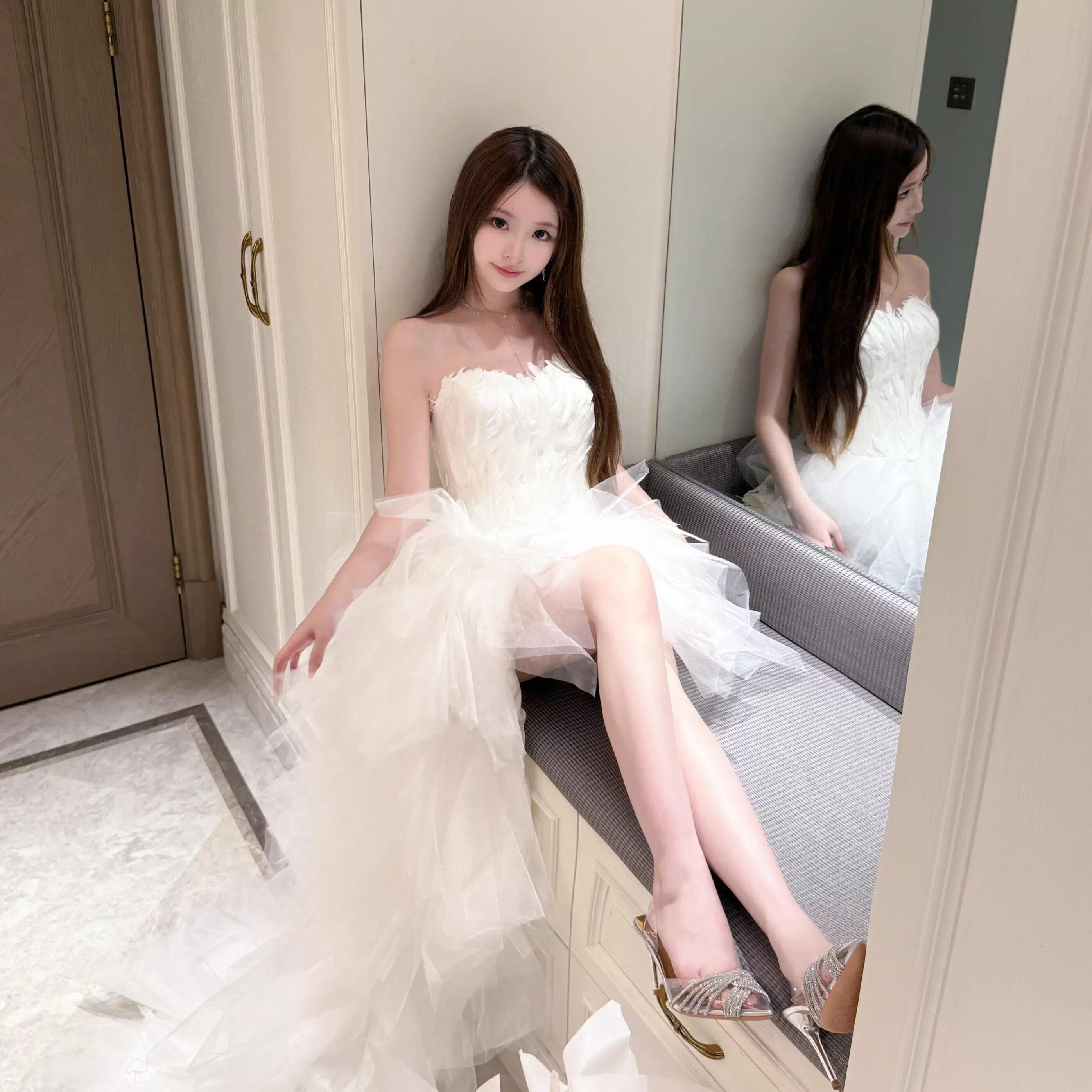 公主风成人礼显瘦蓬蓬裙白色仙女生日派对羽毛演出小礼服晚宴短裙