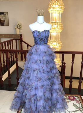 轻奢度假风紫色鱼骨泼墨印花抹胸仙女网纱长裙法式宴会礼服