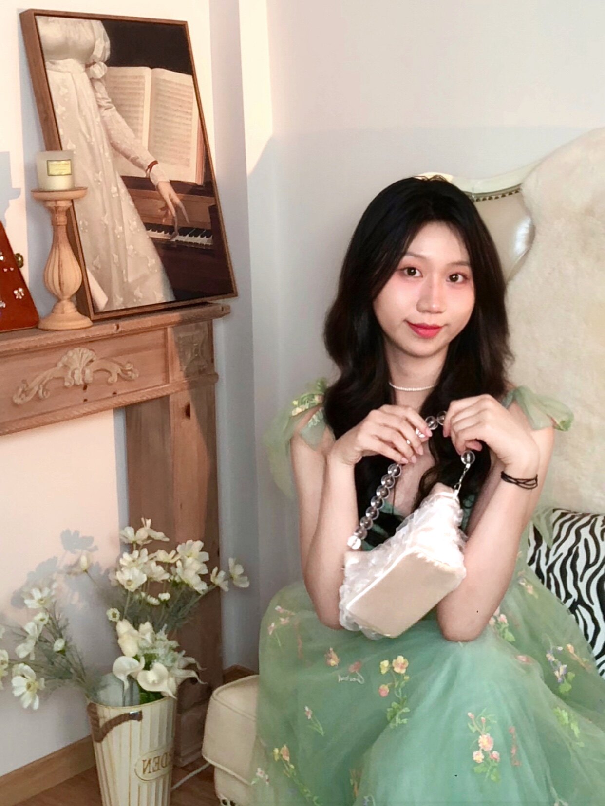 莫兰迪蕾丝绿色百褶吊带小碎花蝴蝶结纱裙连衣裙仙女裙高级定制