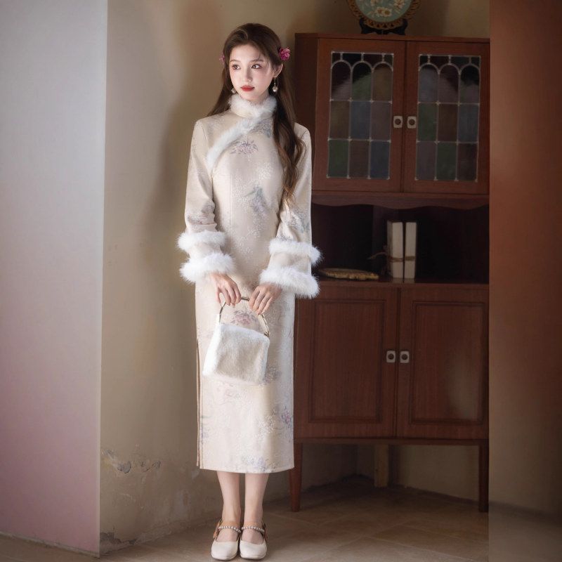 2025秋冬新款旗袍加绒加厚提花长款旗袍新中式年轻款修身旗袍现货