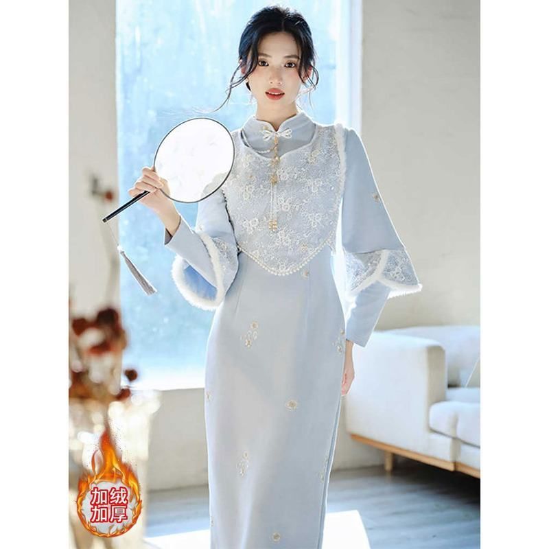 少女新中式绝美温柔系国风蓝色加绒旗袍马甲套装连衣裙女秋冬穿搭