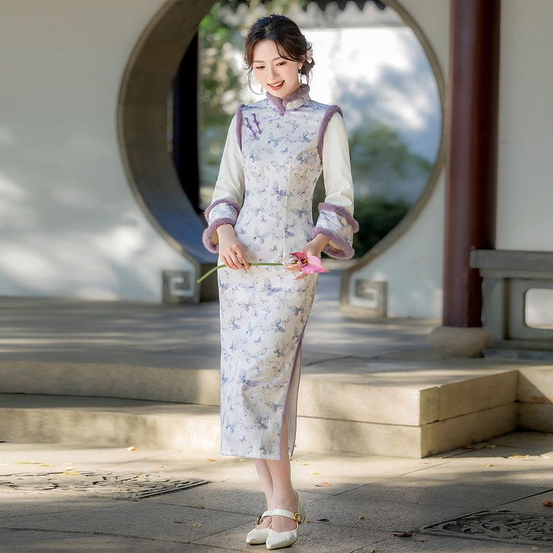 2025秋冬新款银丝印花旗袍女冬季加绒修身旗袍连衣裙改良旗袍裙