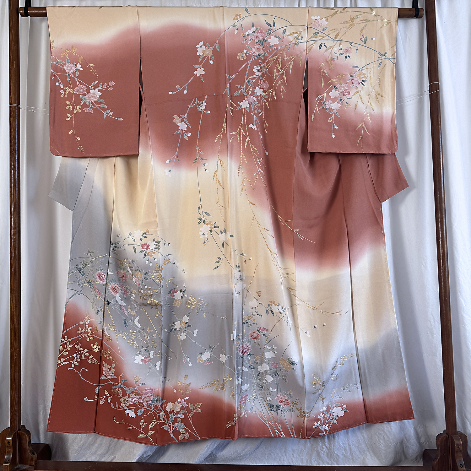 日本正统成品和服 正绢 访问着 未使用 金银彩 花枝纹