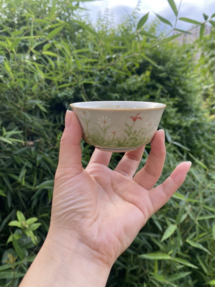 草木灰纯手绘釉下维菊茶杯陶瓷主人杯品茗杯普洱杯复古功夫茶具
