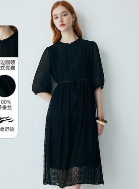 PALUOPO/帕罗圆领褶皱设计气质显瘦蕾丝花边连衣裙女ES250885Z