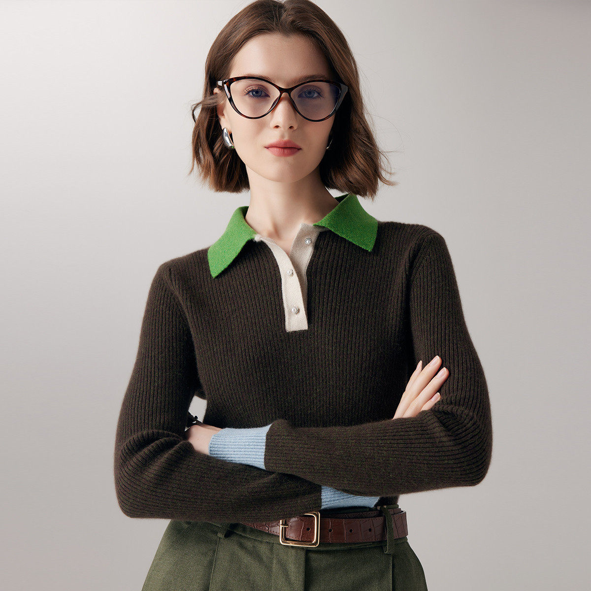 PALUOPO/帕罗翻领精致珍珠扣修身显瘦针织纯羊绒衫女ET23106R-A