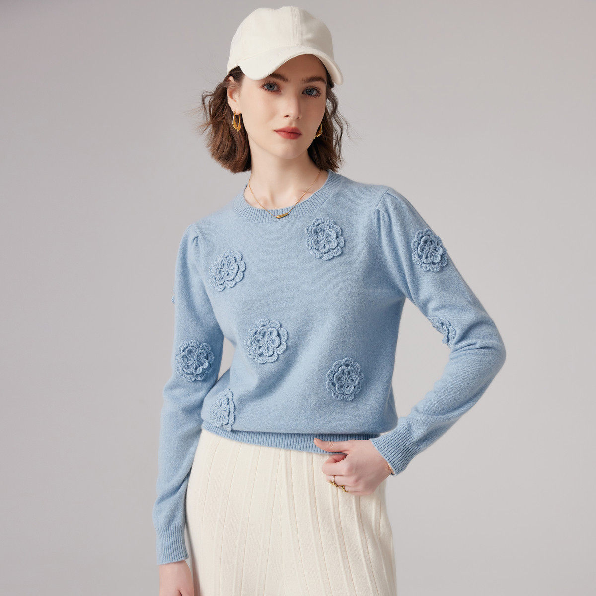【然姐】PALUOPO/帕罗【立体花朵】圆领毛衣百搭纯羊绒衫ET23897R