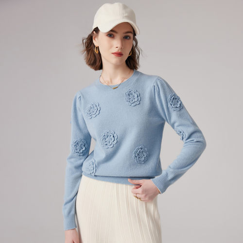 【然姐】PALUOPO/帕罗【立体花朵】圆领毛衣百搭纯羊绒衫ET23897R