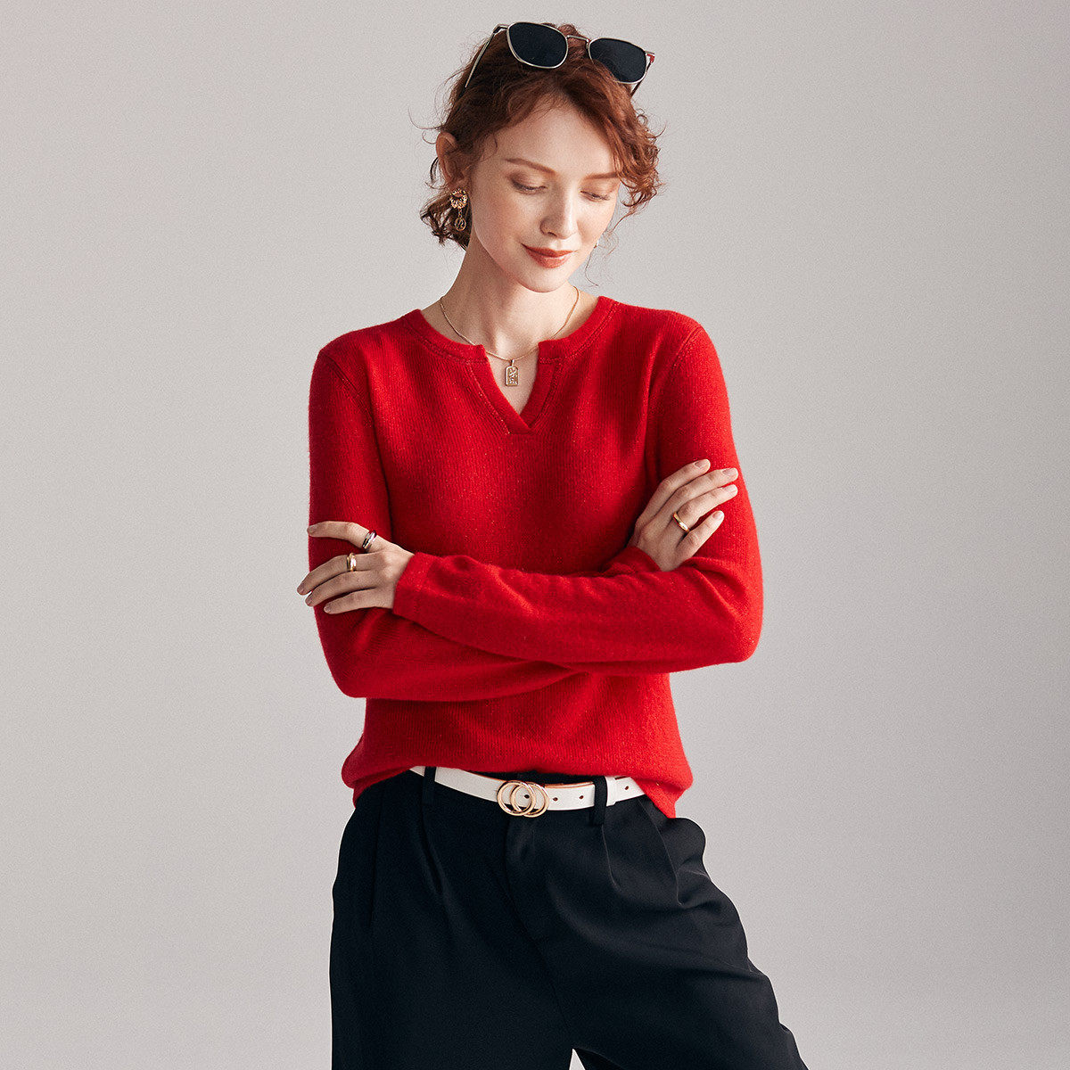 PALUOPO/帕罗山羊绒秋冬小V领毛衣软糯羊绒衫女ET19156R-C1