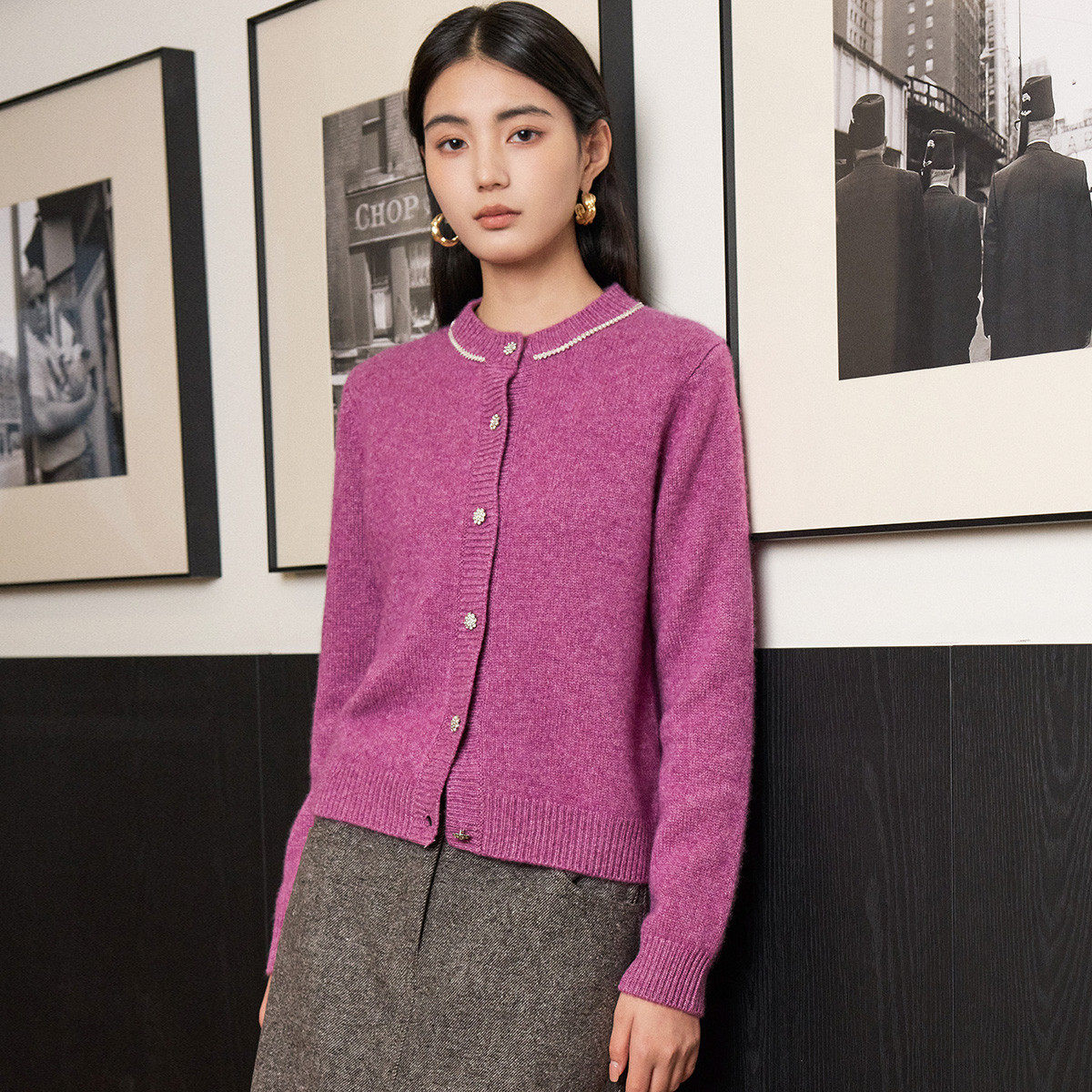 PALUOPO/帕罗羊绒衫翻领女开衫ET255231R