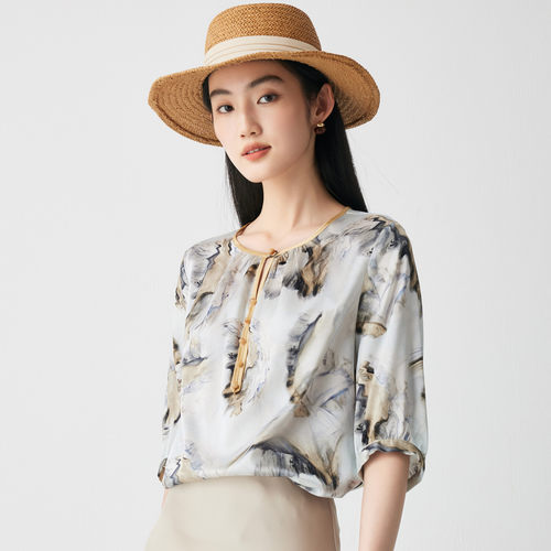 PALUOPO/帕罗圆领休闲百搭五分袖桑蚕丝上衣T恤女ES2F0876Z