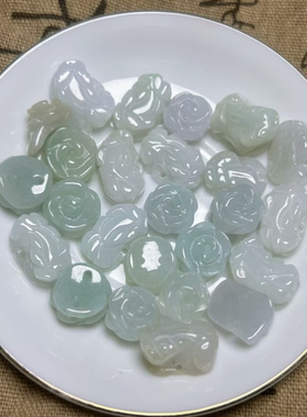 天然翡翠A货玫瑰花貔貅戒面  玉石戒指 手编红绳戒指DIY散件