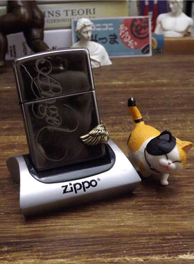 二手Zippo14年黑冰蚀刻爱之翼小翅膀贴章原装正品打火机防风