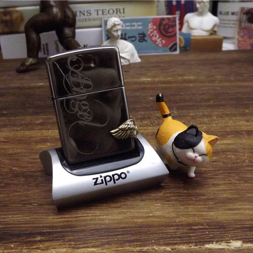 二手Zippo14年黑冰蚀刻爱之翼小翅膀贴章原装正品打火机防风
