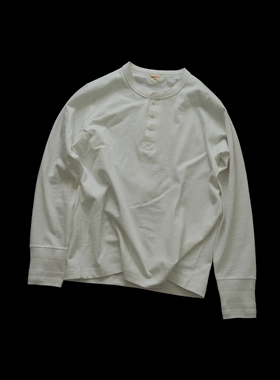 过载商店 暖白色亨利领重磅咔叽美棉黑色长袖T恤男女基础T