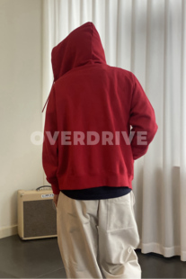 过载商店红色宽松重磅棉插肩双口袋毛圈连帽春秋冬卫衣