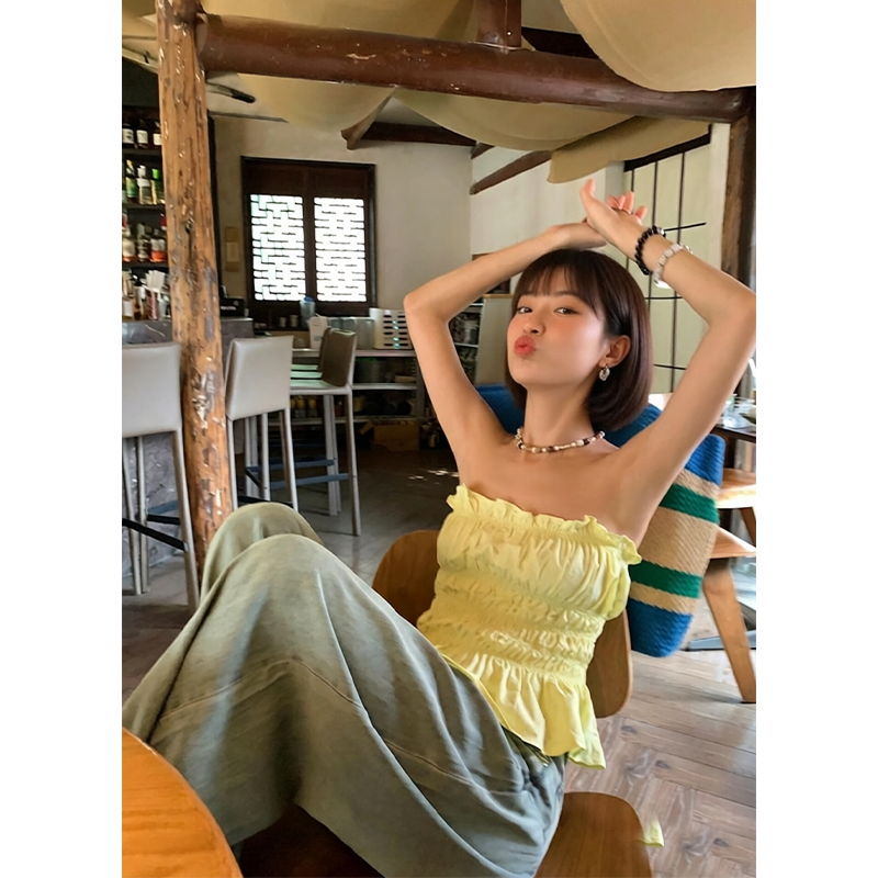 奈斯STUDIO黄色性感抹胸夏季无肩带裹胸褶皱修身显瘦短款上衣26款