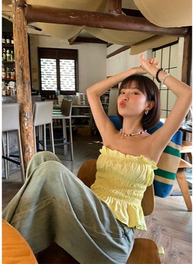 奈斯STUDIO黄色性感抹胸夏季无肩带裹胸褶皱修身显瘦短款上衣26款