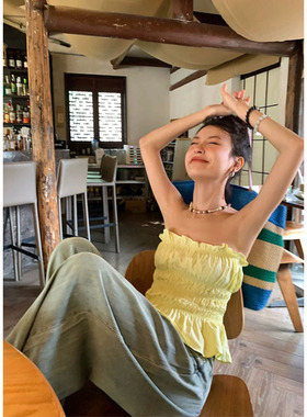 奈斯 STUDIO 黄色抹胸夏季小性感短款修身显瘦设计感甜辣上衣25款