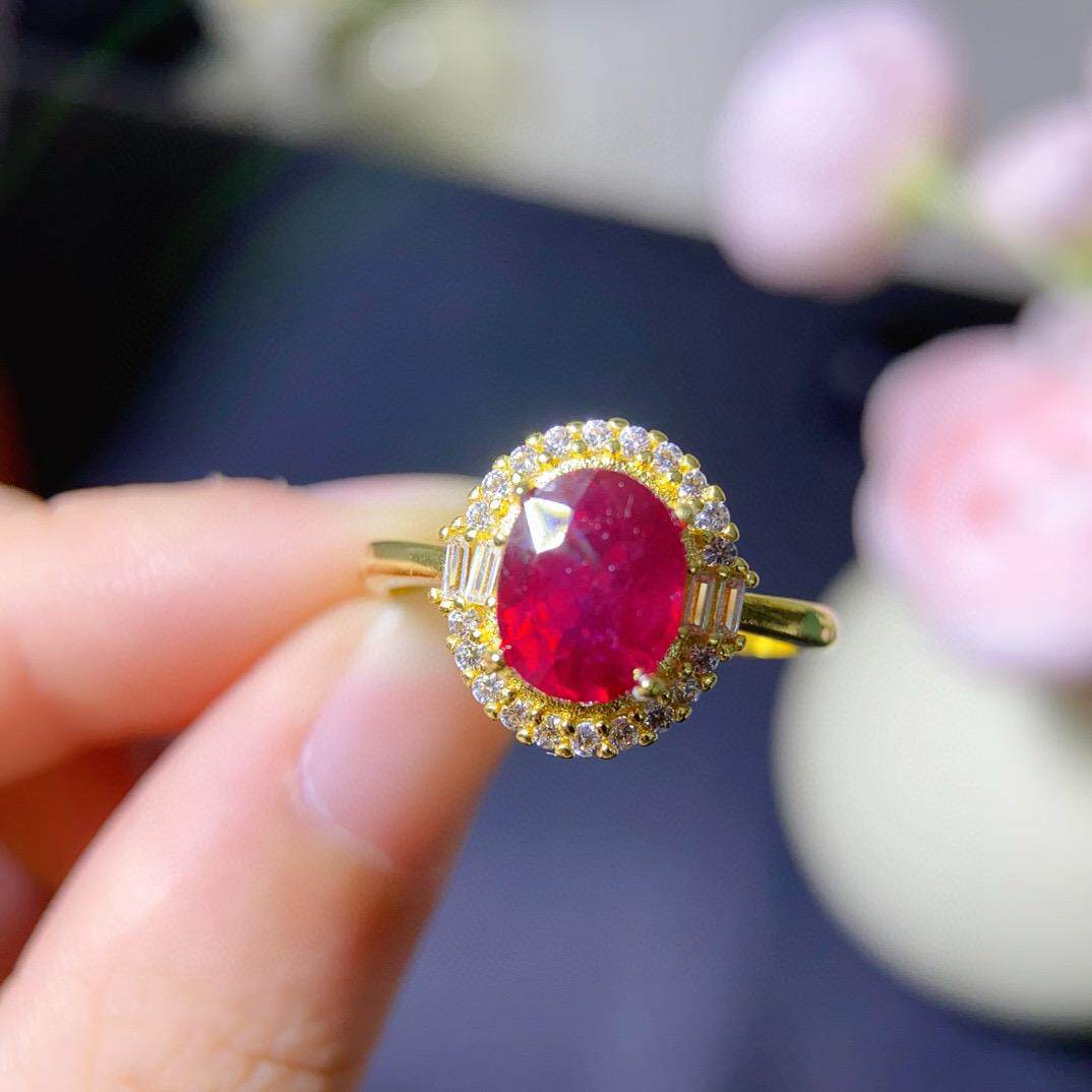 新款小众设计感高级轻奢气质百搭戒指女款天然新烧红宝石主石6x8m