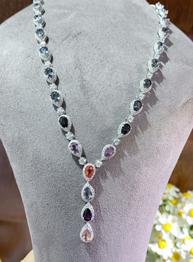 天然彩色尖晶石项链套链 礼服 s925银镶嵌项链 带证书复古