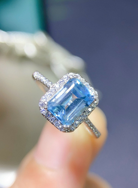 天然天空蓝托帕石戒指  全净体无暇火彩极好指圈活口 裸石6*8mm