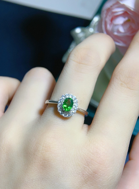 天然沙弗莱戒指颜色绿，完美的沙沙，非主石4*6mm925纯银精工镶嵌