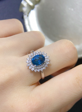 S925银伦敦蓝托帕石戒指女日韩时尚个性气质款蓝色水晶彩指环