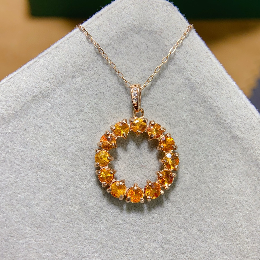 天然黄色蓝宝石新品上架圆圈花环款纯银吊坠甜甜圈吊坠项链