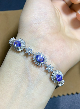 特惠新款天然坦桑尼亚坦桑石手链 满火彩主石5*7mm925银电镀白金