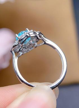 天然帕拉伊巴托帕石戒指银精工镶嵌主石尺寸6x8m精致百搭厂家直销