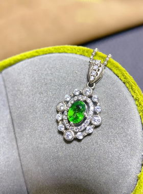 s925银镀金镶嵌天然沙弗来吊坠女款时尚百搭锁骨链项链