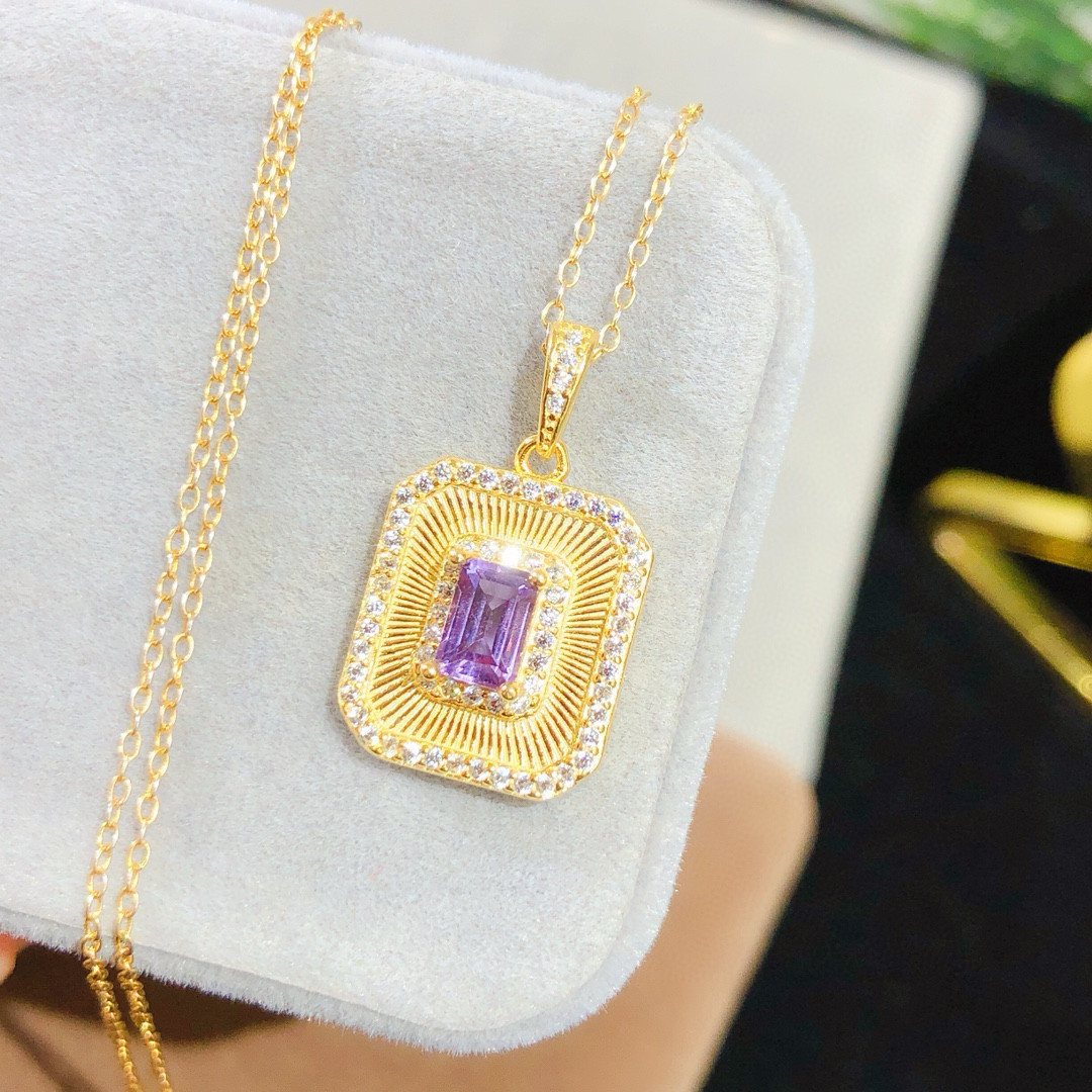 天然紫水晶项链吊坠女原石水滴形吊坠925纯银2023年新款简约百搭