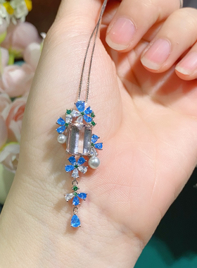 天然摩根石吊坠，晶体干净色彩独特S925银电镀白金色，主石6*9mm