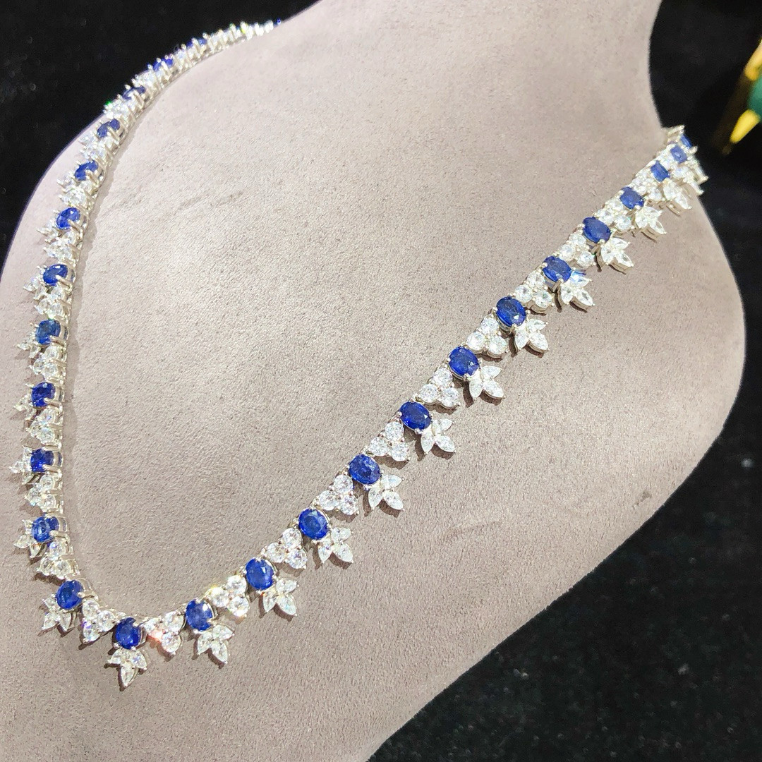 银镀18k金天然蓝宝石项链女款镶嵌豪华群镶时尚百搭气质高级感