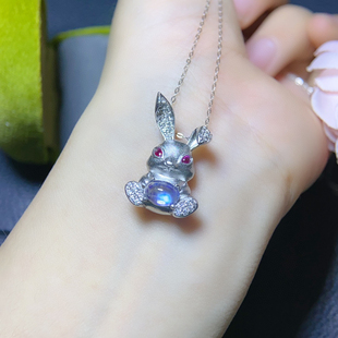 纯银镶嵌天然蓝月光石吊坠椭圆5*7mm小兔子设计趣味可爱精致礼物