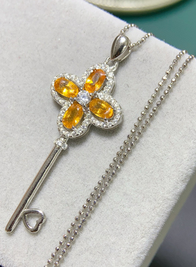 s925银镀金镶嵌天然黄蓝宝四季豆吊坠项链锁骨链女款时尚百搭