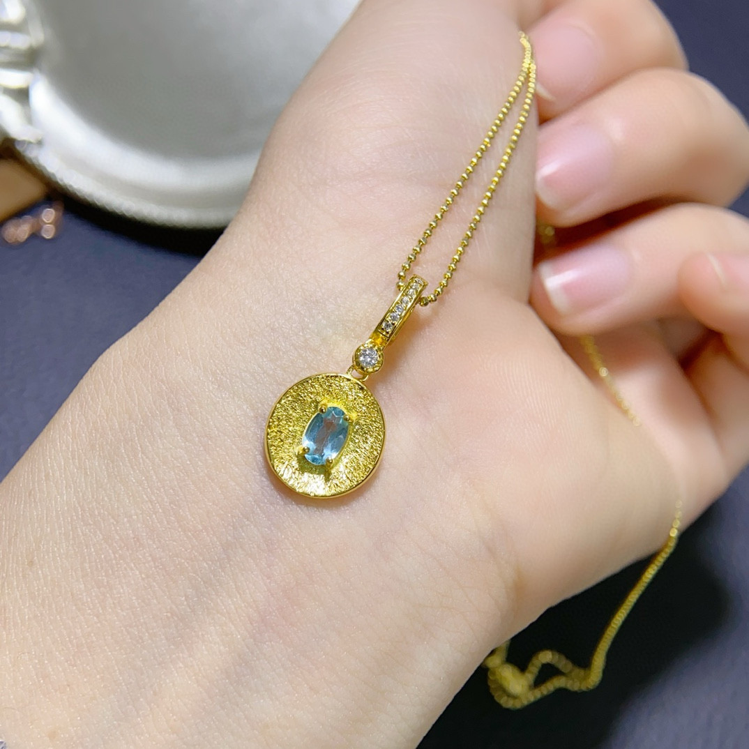 天然磷灰石吊坠银镀18K黄金镶钻石复古彩宝项链拉丝工艺