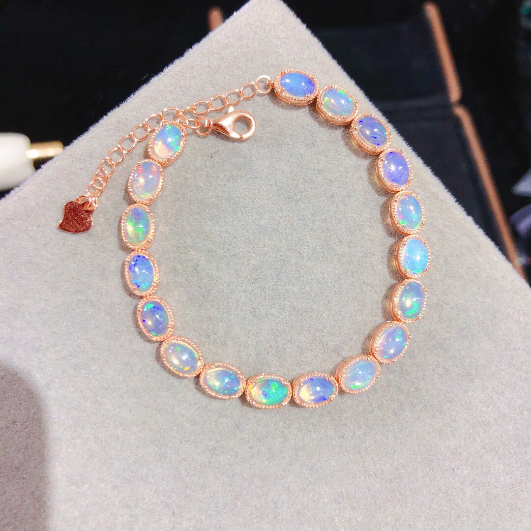 正品天然澳大利亚欧泊手链纯银日韩精致时尚款七彩光欧泊手串礼物