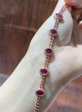 银镀18K金红宝石手链天然鸽血红宝石全链手饰红色裸石定制