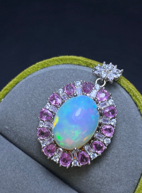 纯天然超美欧泊吊坠手工精心选料主石12*16mm 配石粉蓝宝3*4mm