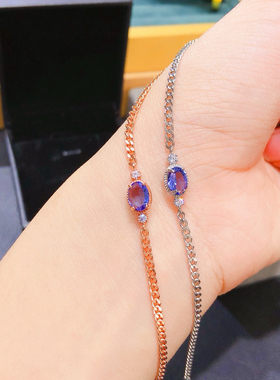 新款坦桑尼亚坦桑石手链925银镀金镶嵌 5*7MM简约精致手链