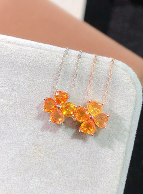 925纯银镶天然黄蓝宝项链女精致四叶草时尚百搭珠宝首饰