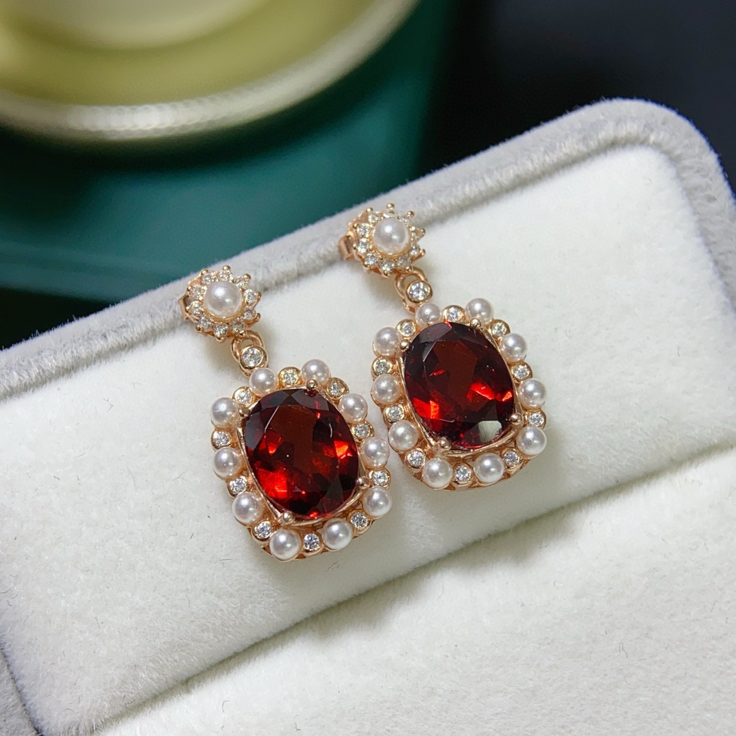 天然莫桑比克石榴石耳钉套装女人石女s925纯银珍珠玫瑰金色