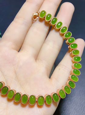 天然和田玉碧玉手链晶莹透亮高冰起荧光[色][色]，S925银精工镶嵌