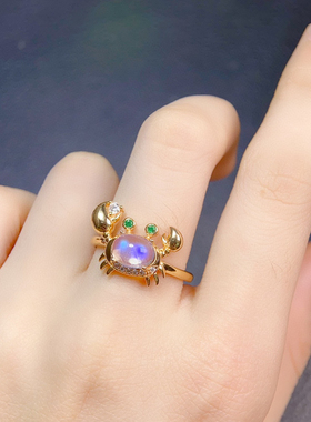 天然蓝月光吊坠戒指耳钉套装S925纯银精工小螃蟹吊坠女项链坠子