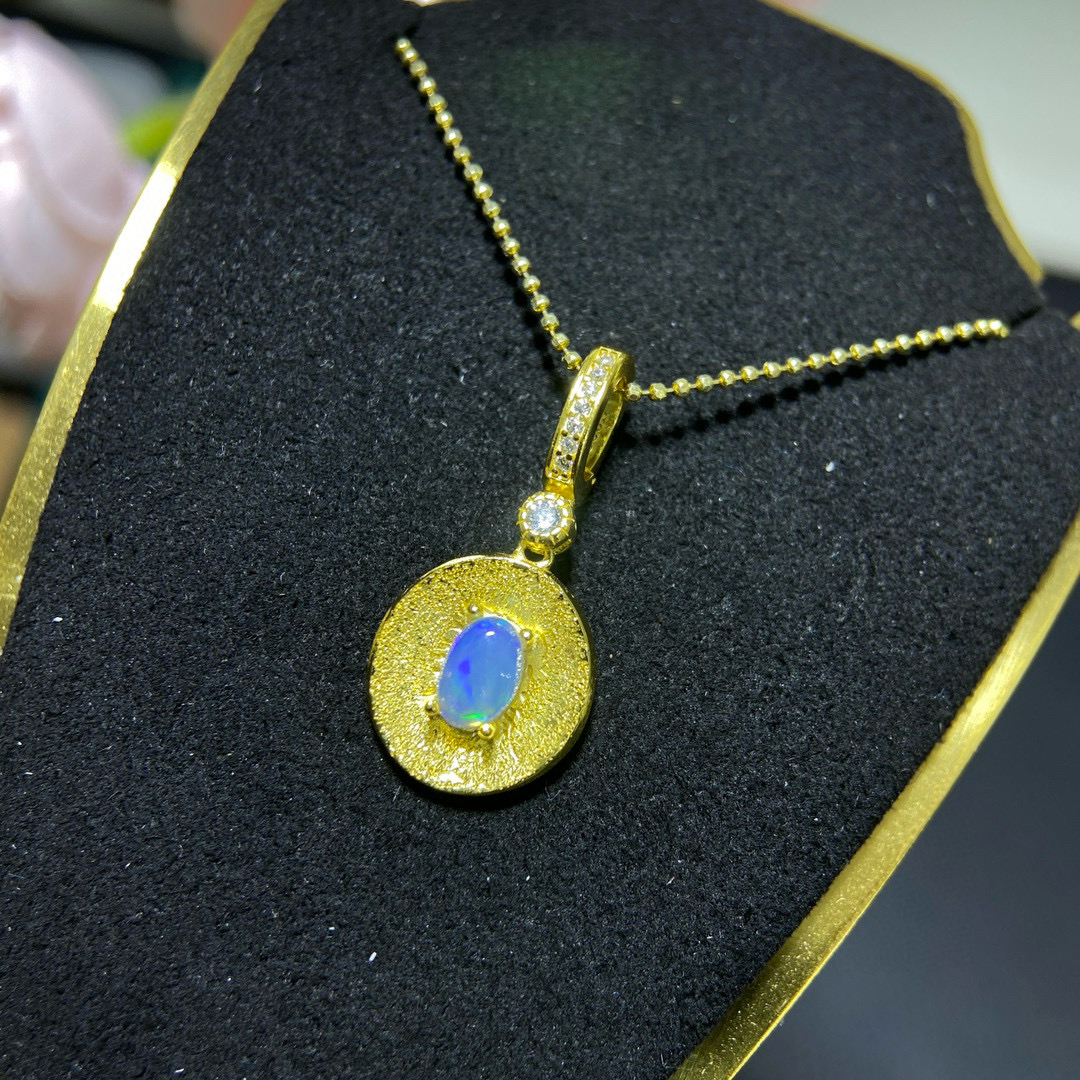 欧泊吊坠银镀18k金镶嵌天然澳宝项链女款锁骨链时尚个性简约气质