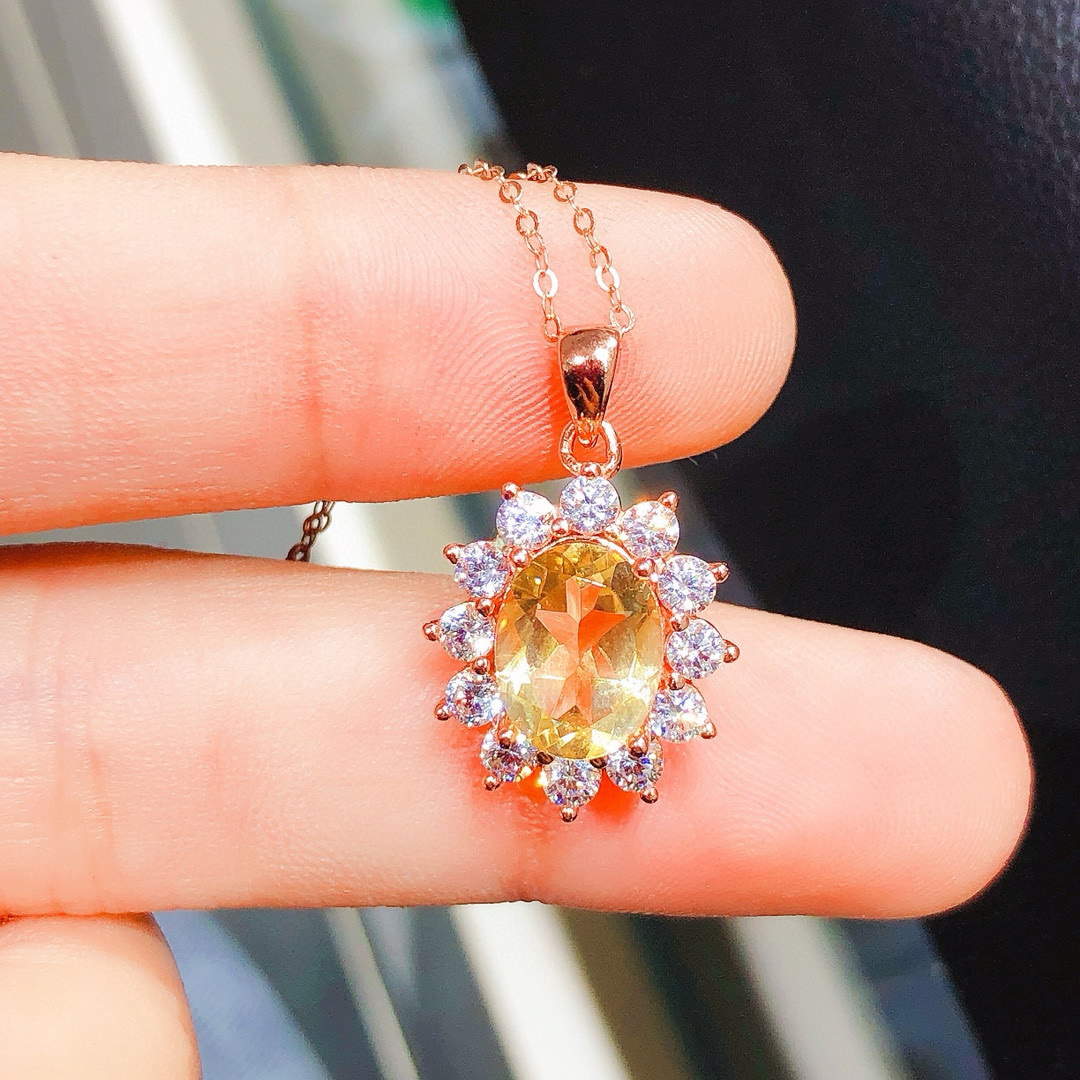 天然黄水晶吊坠925银项链镀18K白金镶嵌女款原矿彩宝挂件颈饰时尚