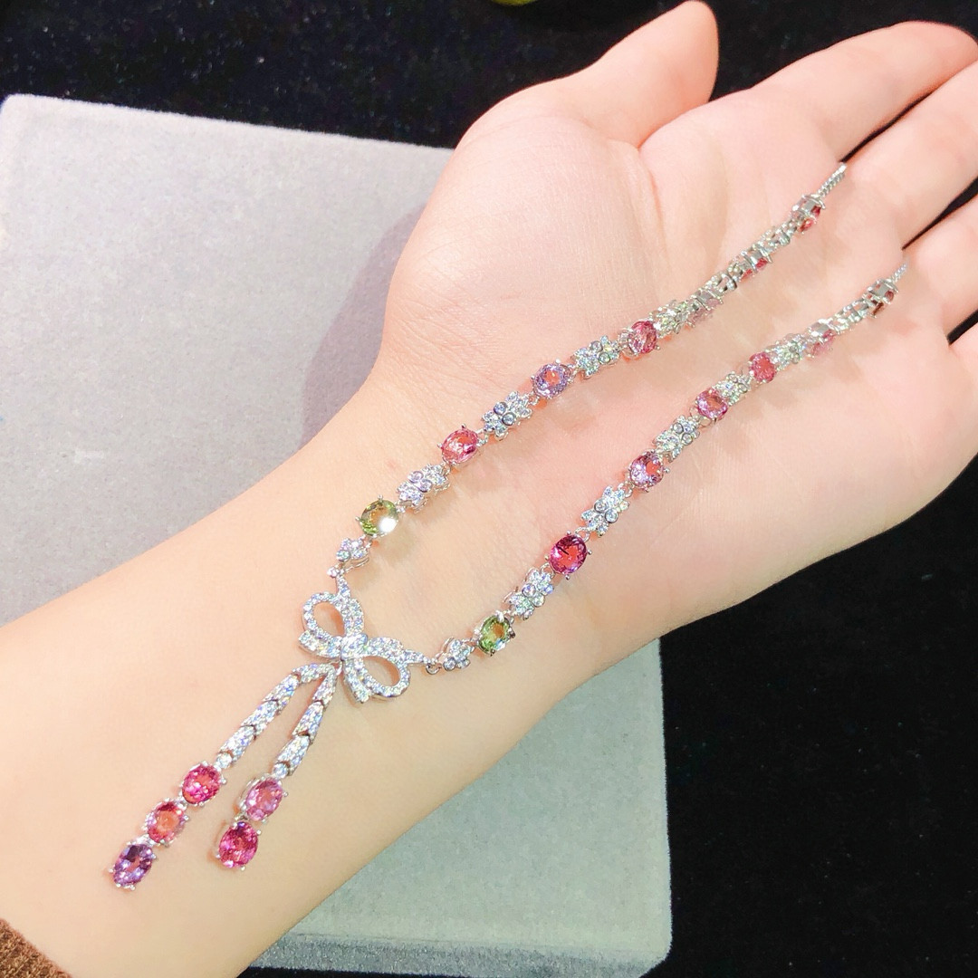 s925纯银镶嵌碧玺链牌锁骨链椭圆形4*5mm精工厚银版 吊坠项链