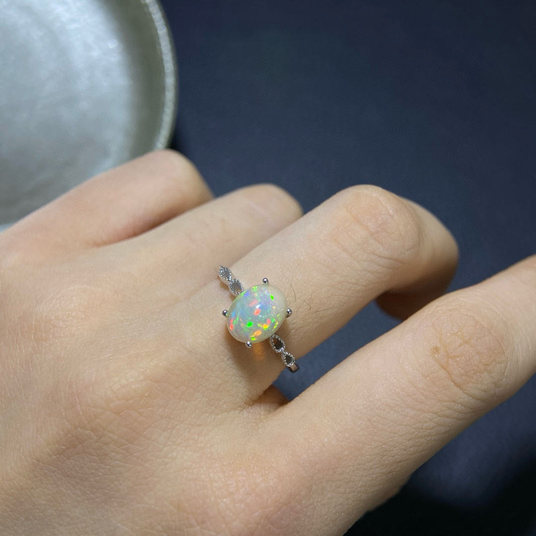 1超美欧泊戒指 晶体好火彩满满衬肤白925银精工镶嵌